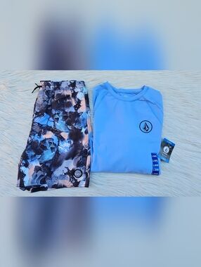 Volcom Long Sleeve Rashguard & Swim Shorts Set Size Large 14/16